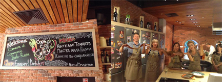Nella foto a sinistra, il menù in cui si sono cimentati gli allievi della Masterclass; a destra, gli allievi mostrano la pasta del cannolo preparata durante la lezione.